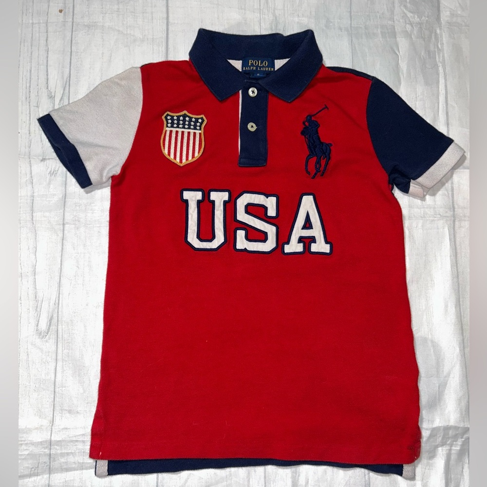Polo Ralph Lauren Boys Polo Shirt Size 6 Red Big Pony USA Flag